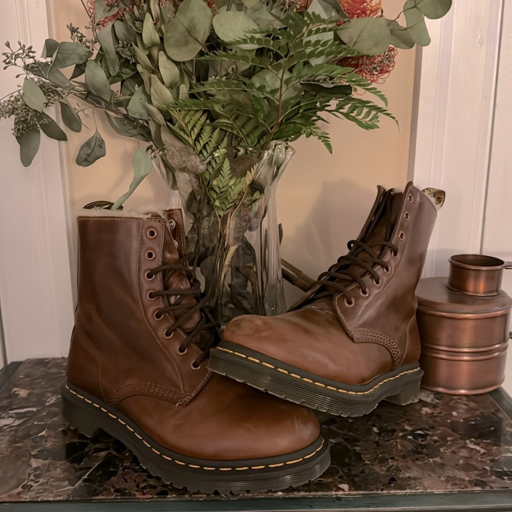 Dr. Martens Brown Lace-Up Combat Boots with Yellow Stitching